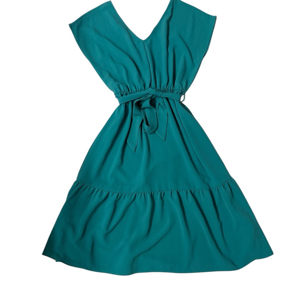 Teal V-Neck Midi Dress with Waist Tie - Picture 3 of 6